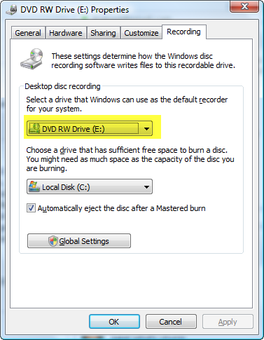 Change Default DVD Burner