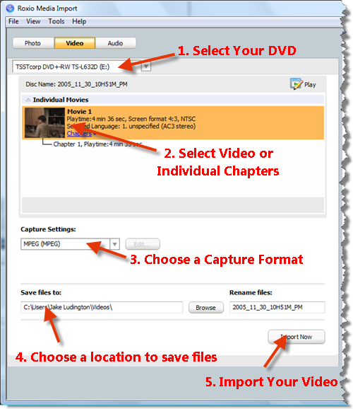 Importing DVDs with Roxio Easy Media Creator