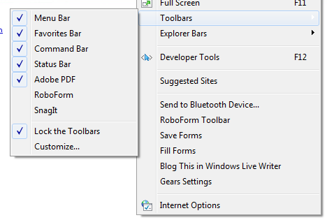 IE8 toolbar list