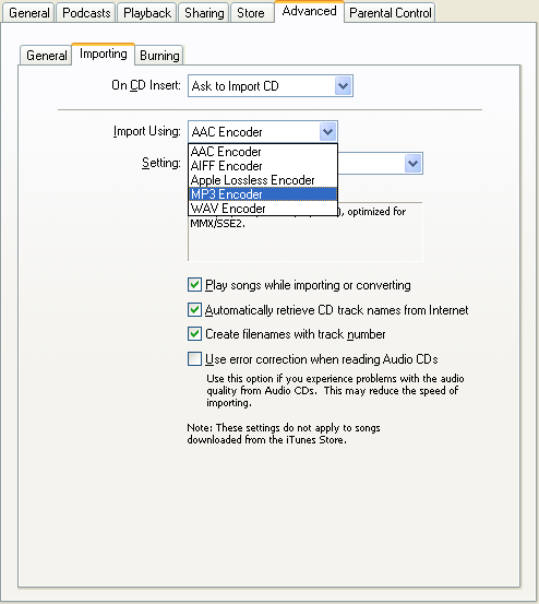 iTunes MP3 CD ripping
