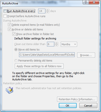 turn off Outlook AutoArchive