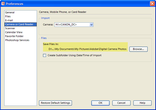 Photoshop Album Camera Preferences