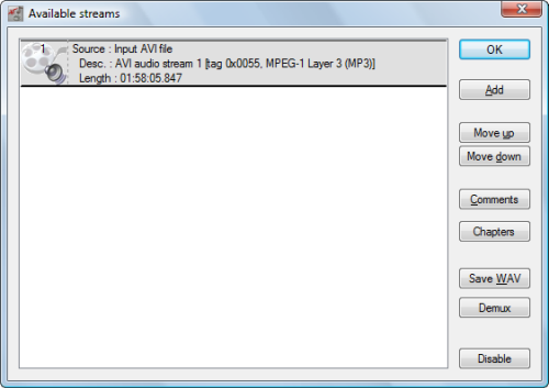 VirtualDubMod Available Streams list