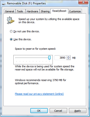 Vista ReadyBoost drive configuration