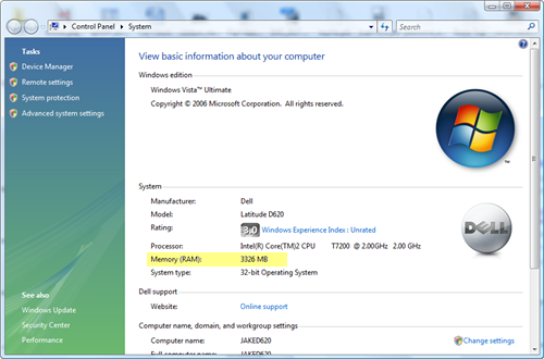 Windows Vista System Properties Memory