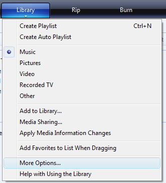 Windows Media Player more options