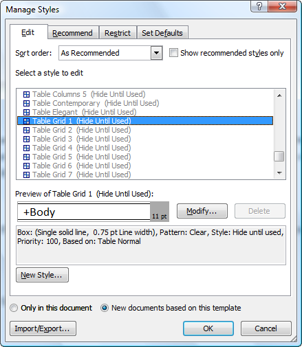 Set Microsoft Word 2007 Default Table Font and Style